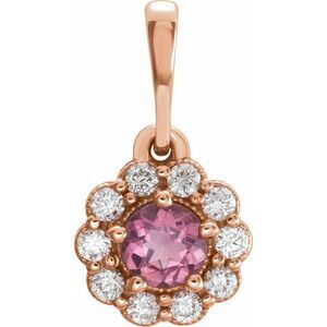 14k Rose Gold Pink Tourmaline 1/8 Ctw Diamond Small Halo Pendant, 8mm